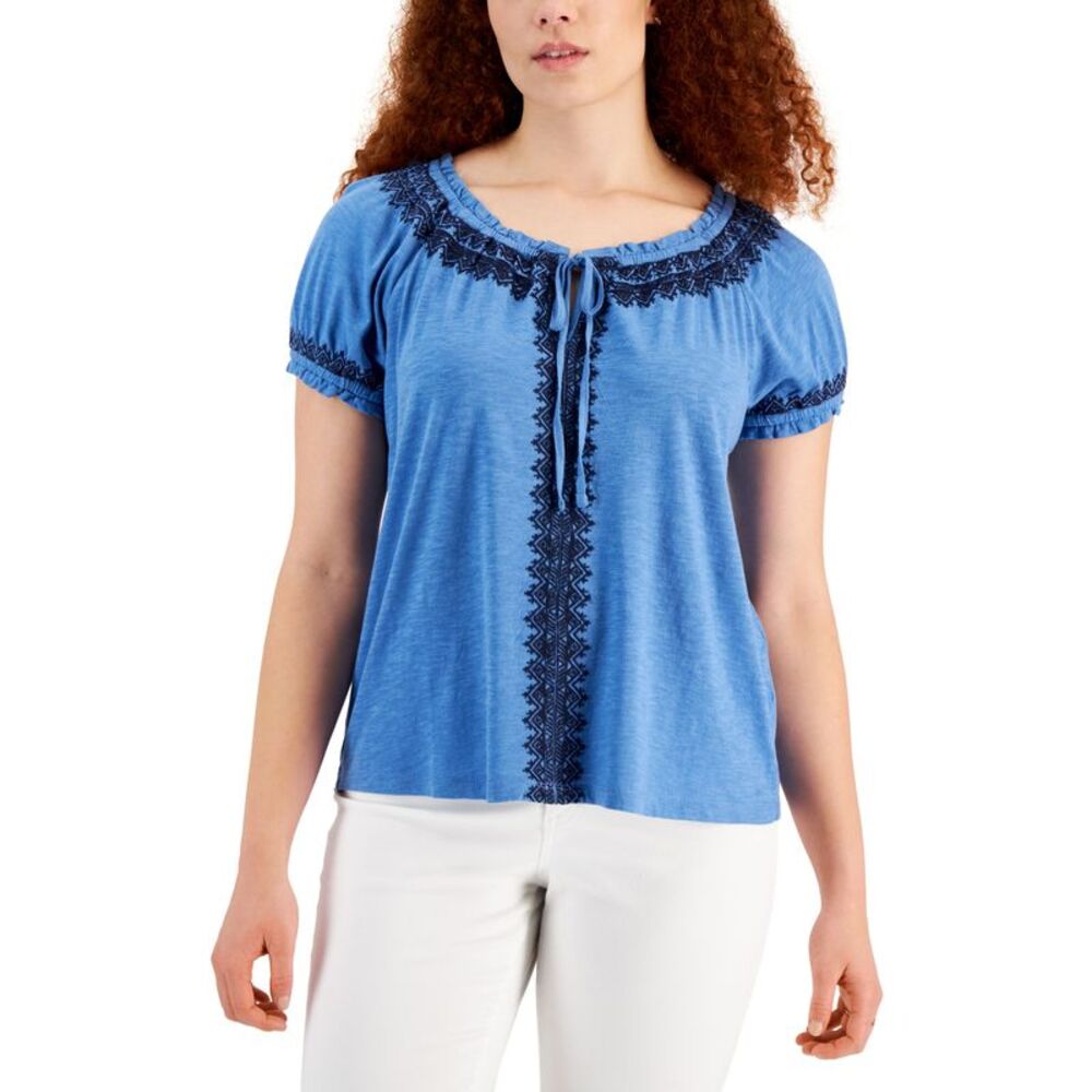 Style & Co Womens Embroidered Puff Sleeve Blouse